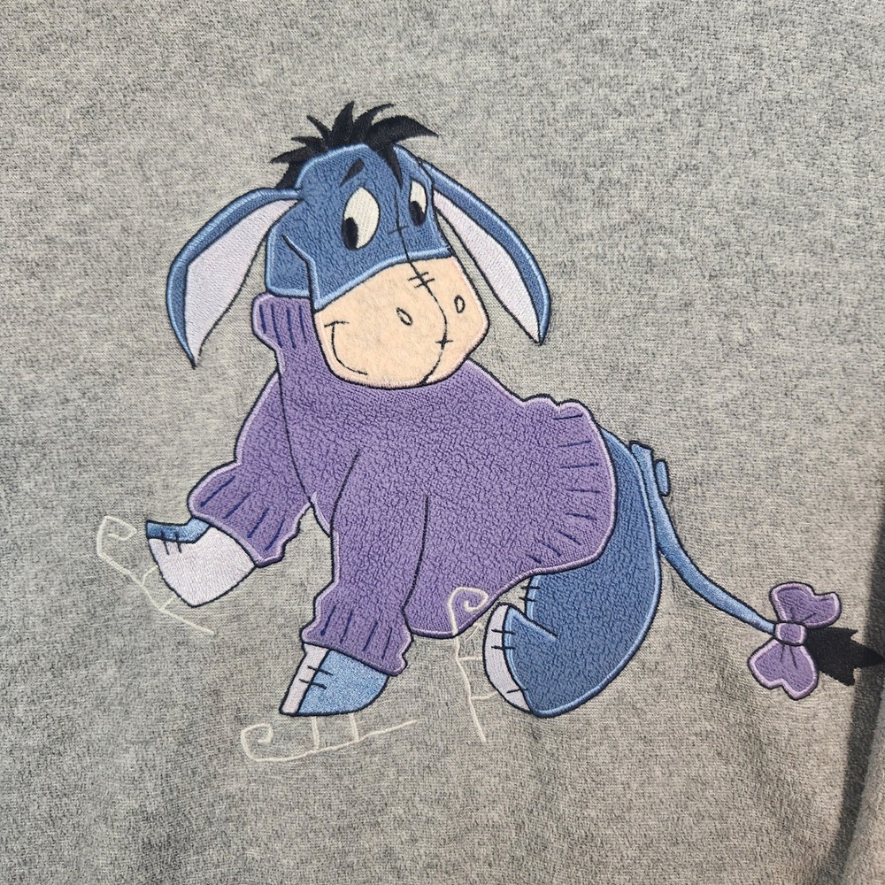 Vintage Disney Store Eeyore Ice Skating Embroidered Gray Fleece Sweatshirt XL - Picture 2 of 6